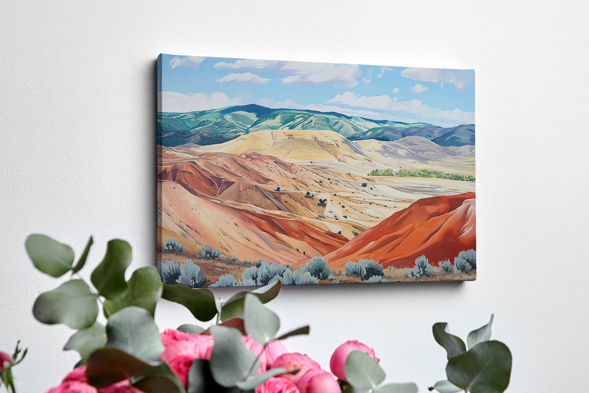 Framed canvas print of a serene and rustic painted hills landscape