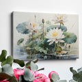 Framed canvas print of tranquil lotus flowers and water lilies on a serene pond