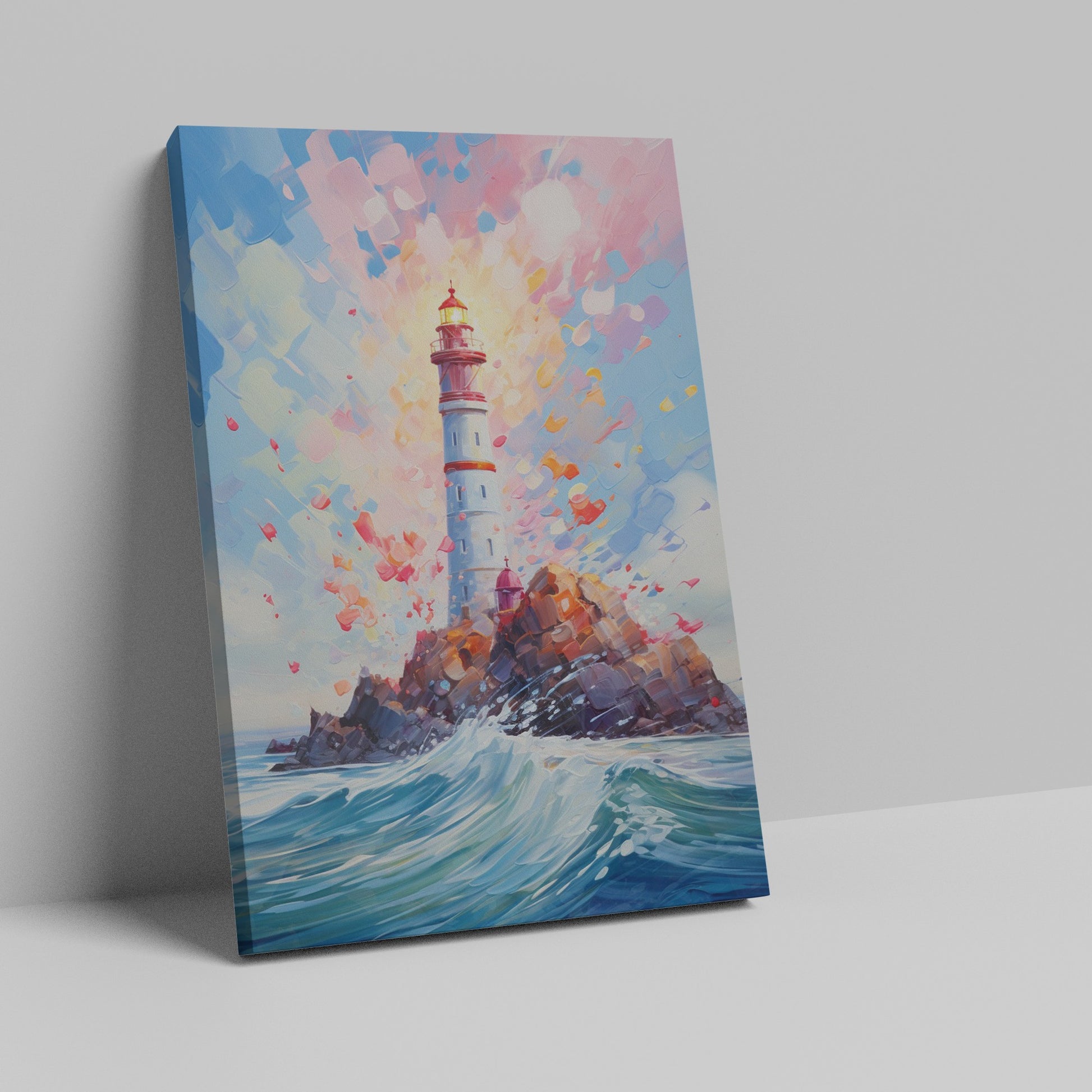 Framed canvas print of an impressionist lighthouse with vivid colours and dynamic sea waves