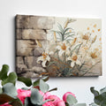 Framed canvas print of elegant white lilies with a rustic textured background in warm earthy tones