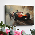 Framed canvas print of a vintage formula racing car in action with warm tones.