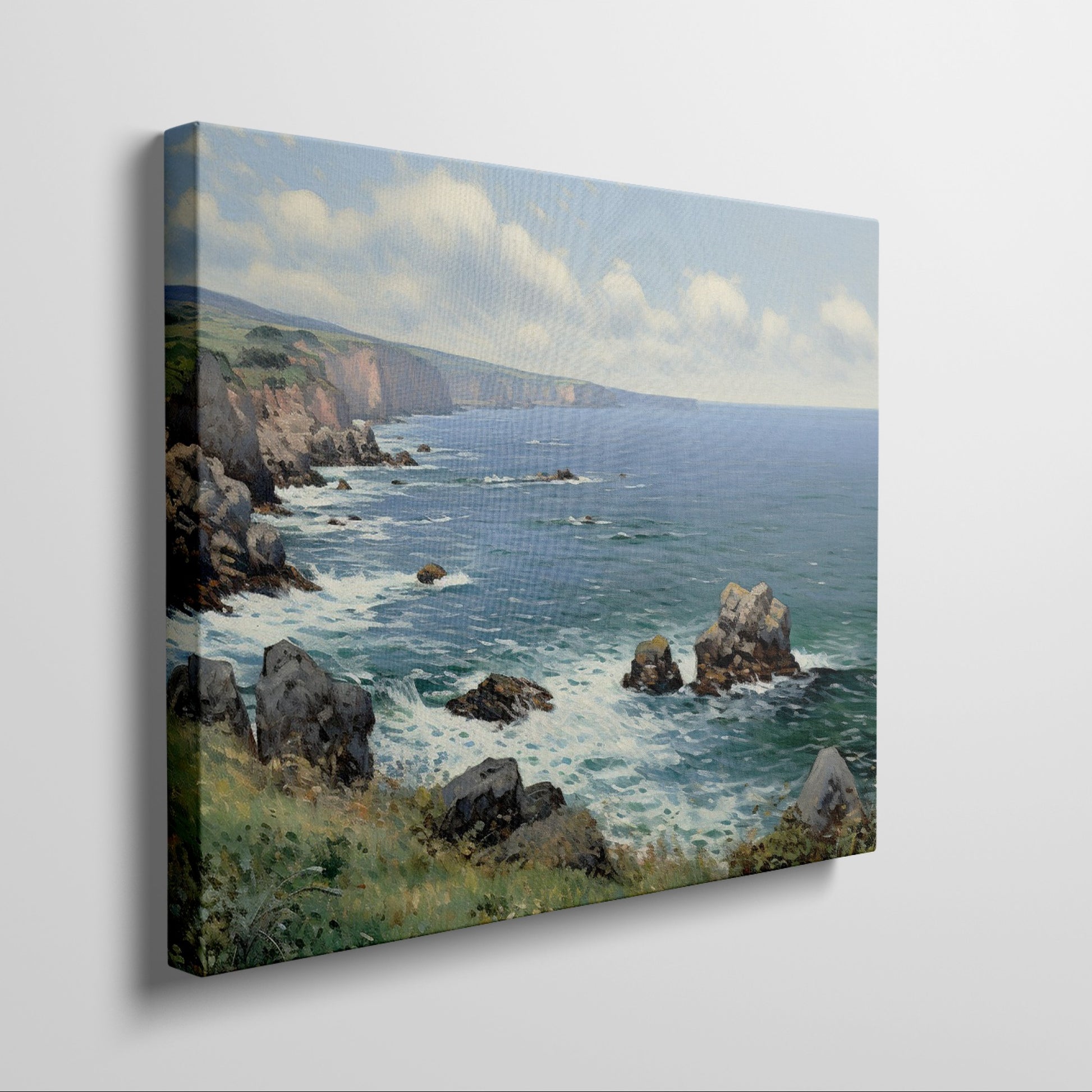 Framed canvas print of a stunning coastal cliff landscape with blue ocean and sunny skies