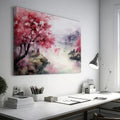 Framed canvas print of a watercolour cherry blossom landscape with figures and traditional architecture