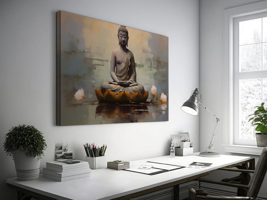 Framed canvas print of a zen Buddha and lotus flowers with a tranquil, reflective water effect