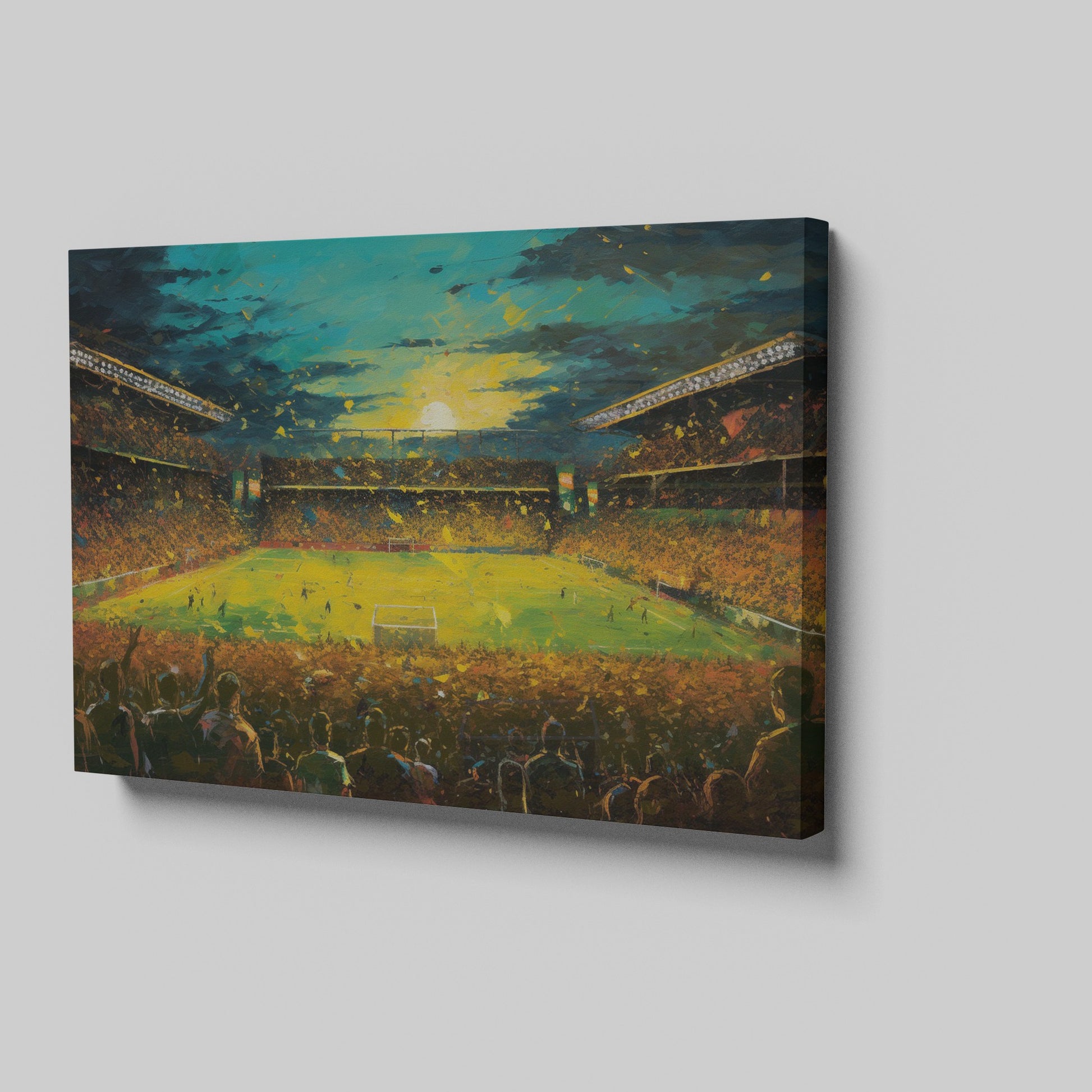 Framed canvas print of an impressionist painting capturing a football match at sunset with a cheering crowd