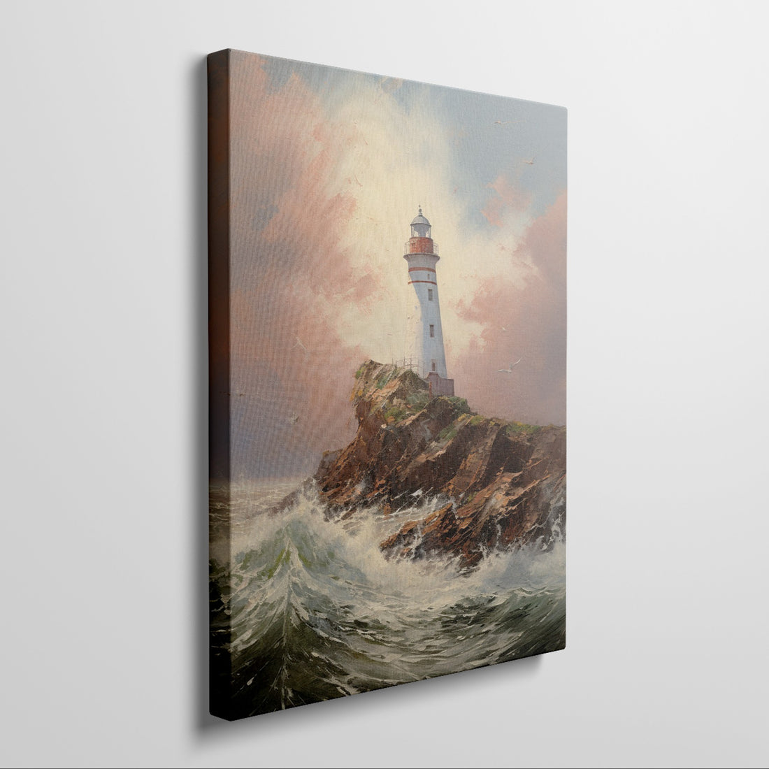 Framed canvas print of a clifftop lighthouse overlooking turbulent sea waves, under a light-infused sunset sky