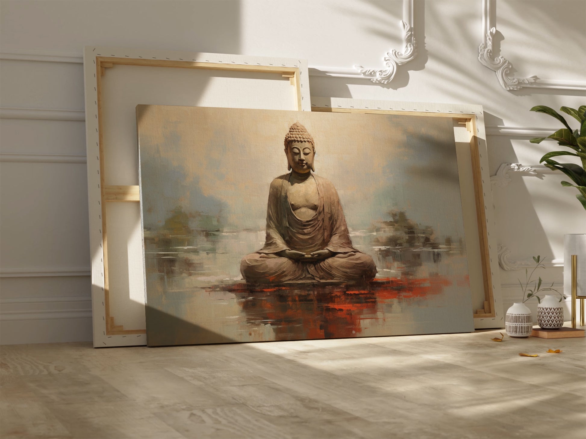 Framed canvas print of a meditative Buddha statue in warm earthy tones