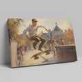 Framed canvas print of an impressionist urban scene with a skateboarder performing a trick in sunlight