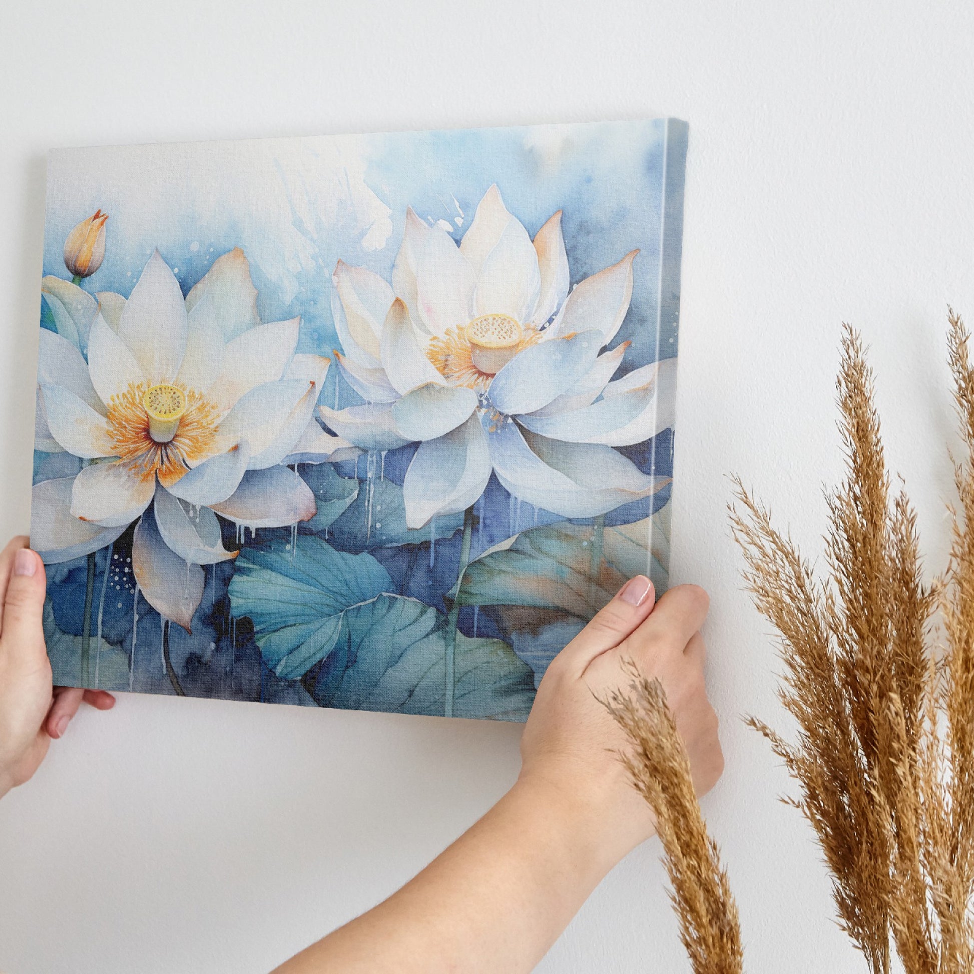 Framed canvas print of ethereal watercolor lotus flowers in tranquil blue hues