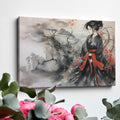 Framed canvas print of a geisha in a traditional black and red attire, set against an Asian-inspired misty mountainous landscape with ink wash and watercolour.