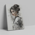 Framed canvas print of an abstract woman portrait in monochrome with dynamic ink splashes