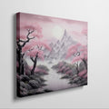 Framed canvas print of Oriental cherry blossom landscape with misty mountains and serene lake