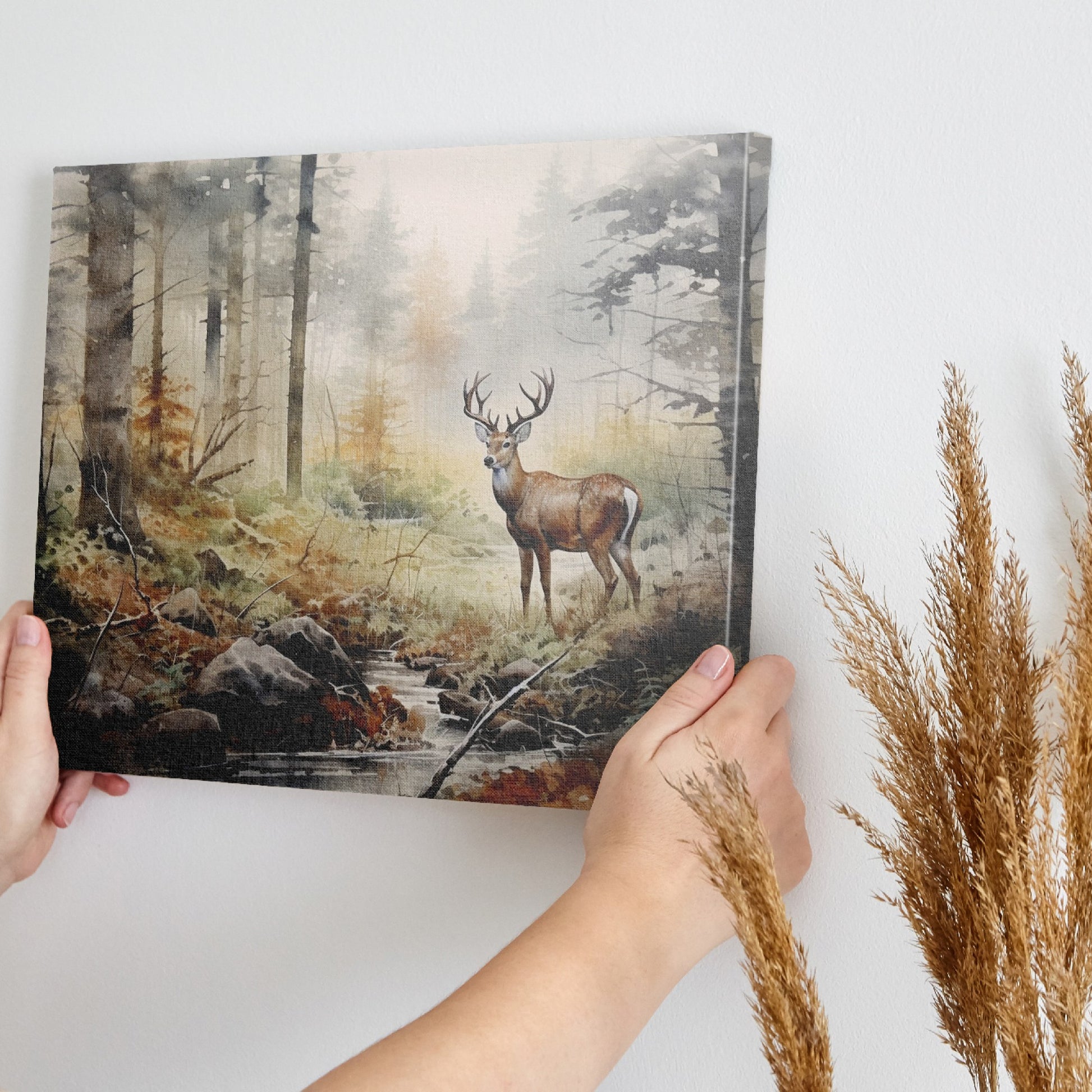 Framed canvas print of a majestic stag in a misty woodland with autumn colours