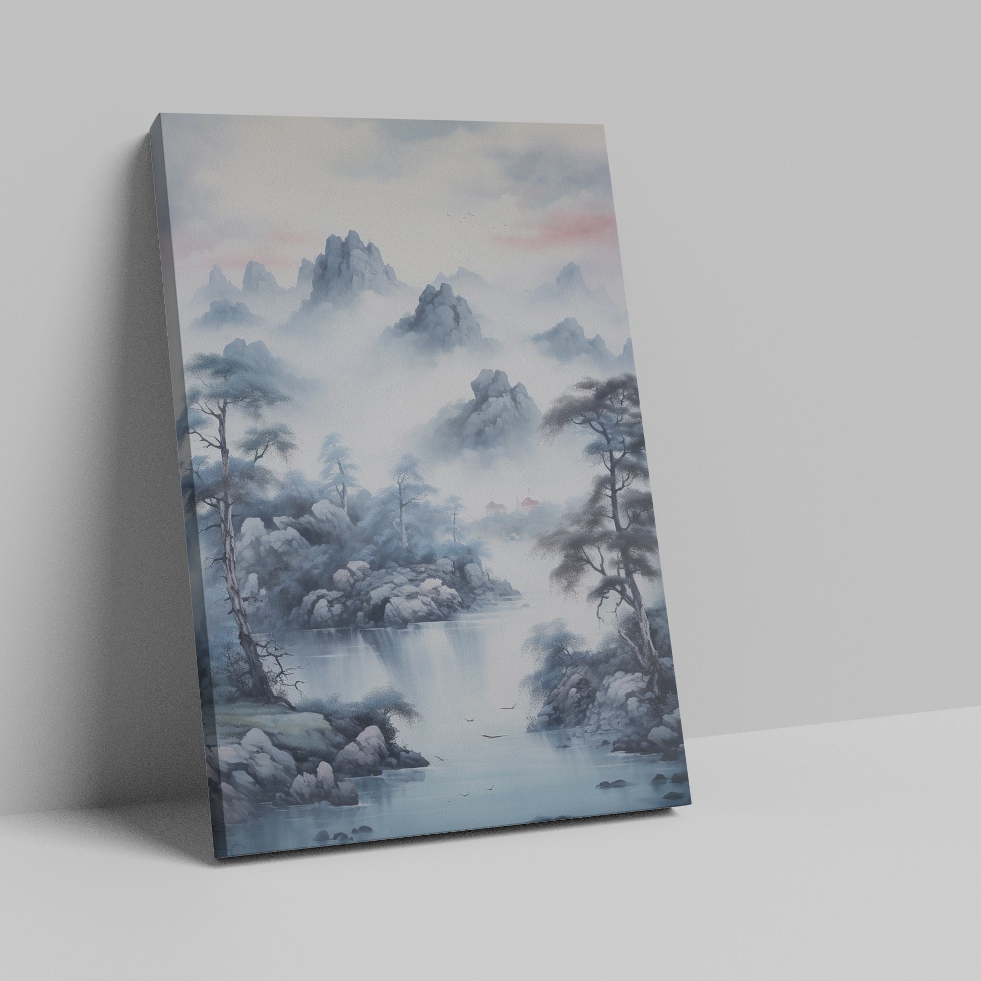 Framed canvas print of traditional Chinese landscape with misty mountains, pine trees, and lake