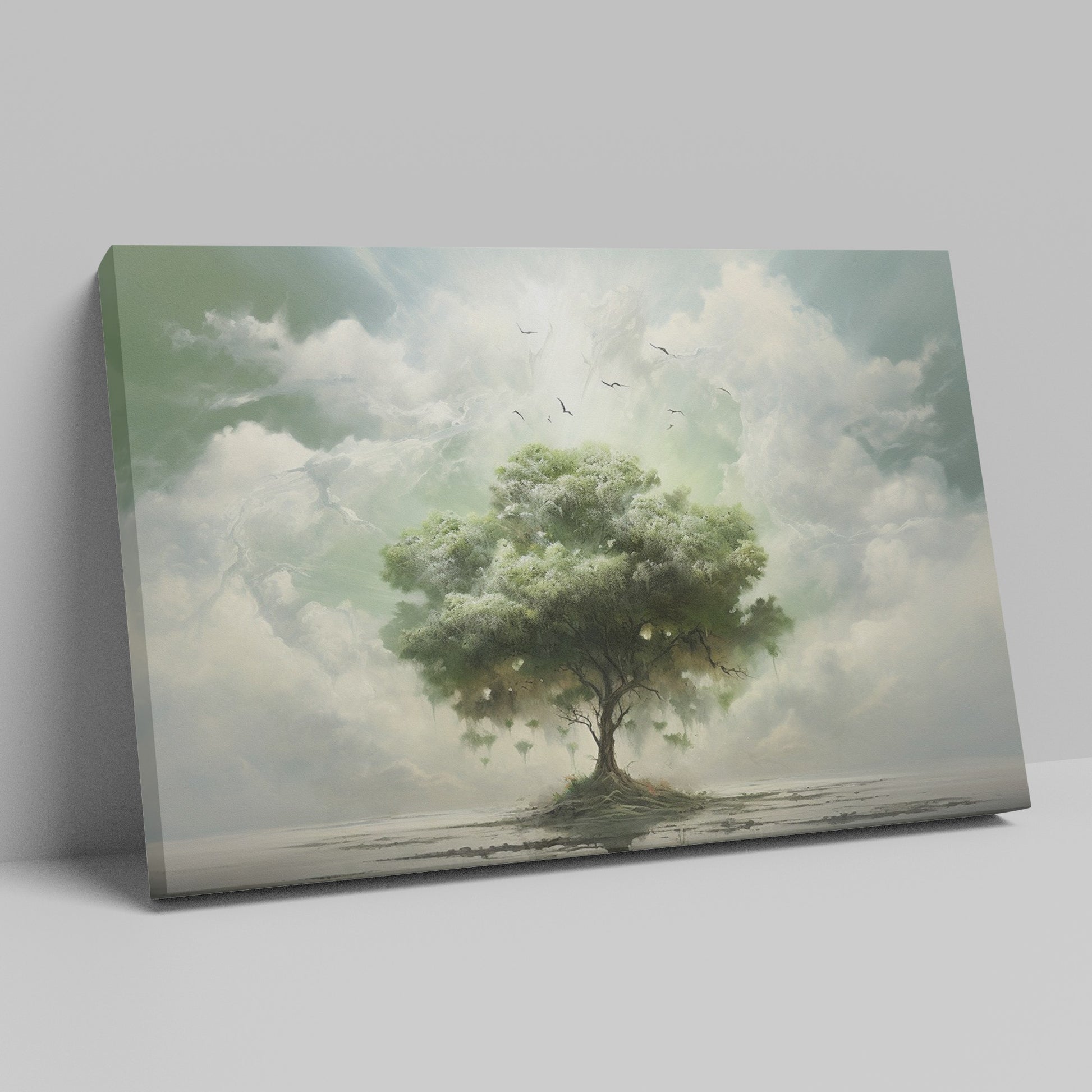 Framed canvas print of a surreal tree floating above a calm lake with birds and ethereal clouds