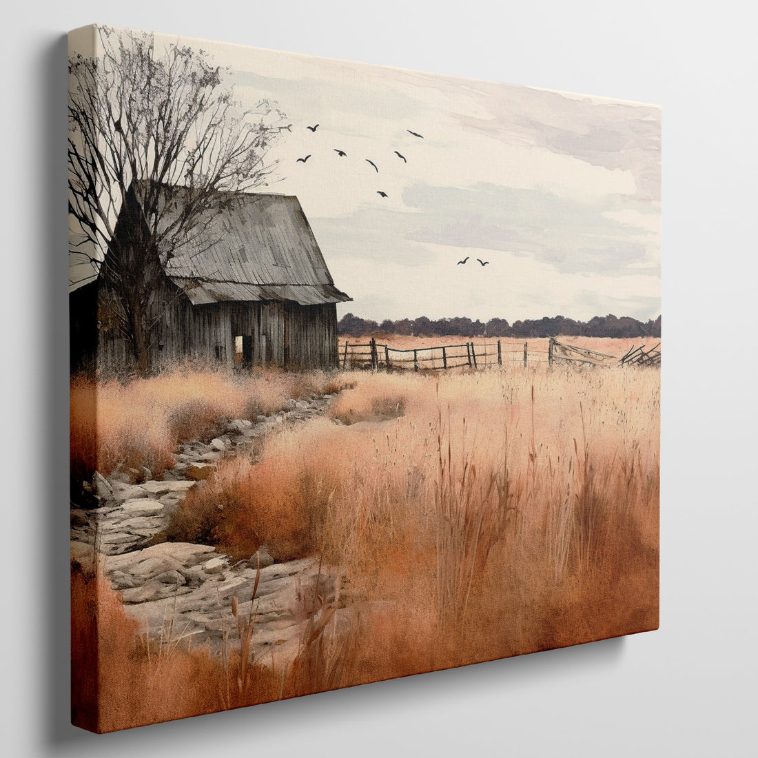 Framed canvas print of a rustic barn in autumn with golden fields and a stone pathway