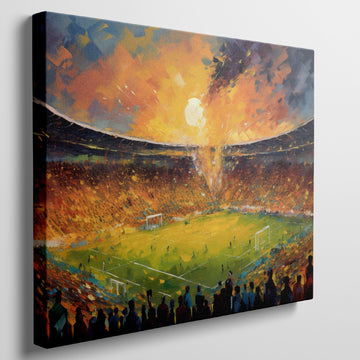 Framed canvas print of an impressionistic painting capturing a vibrant football match in a stadium at sunset