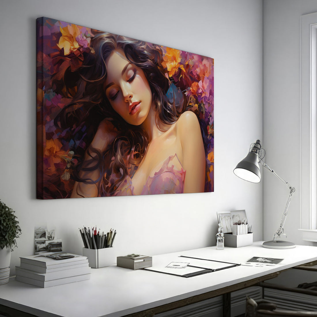 Framed canvas print of a sensuous woman amidst vibrant flowers