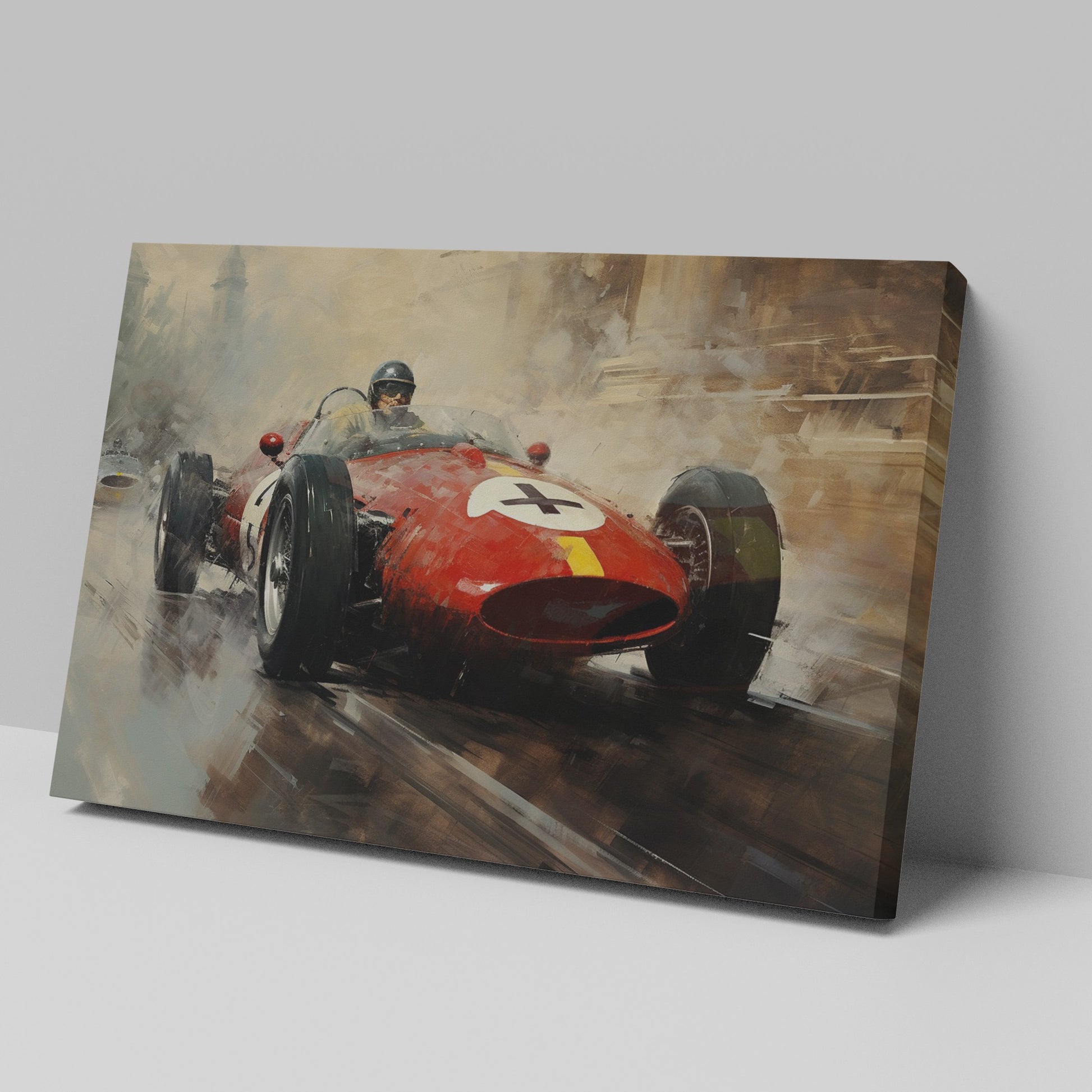 Framed canvas print of a vintage formula racing car in action with warm tones.