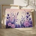 Framed canvas print of stylised floral meadow with pastel purple and pink tones