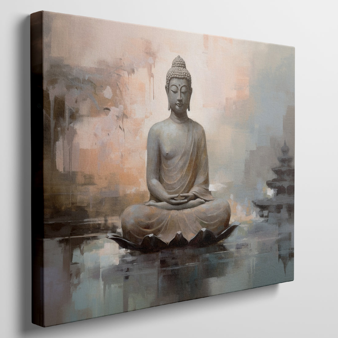 Framed canvas print of a serene Buddha in meditation with a reflective water effect and earthy color palette