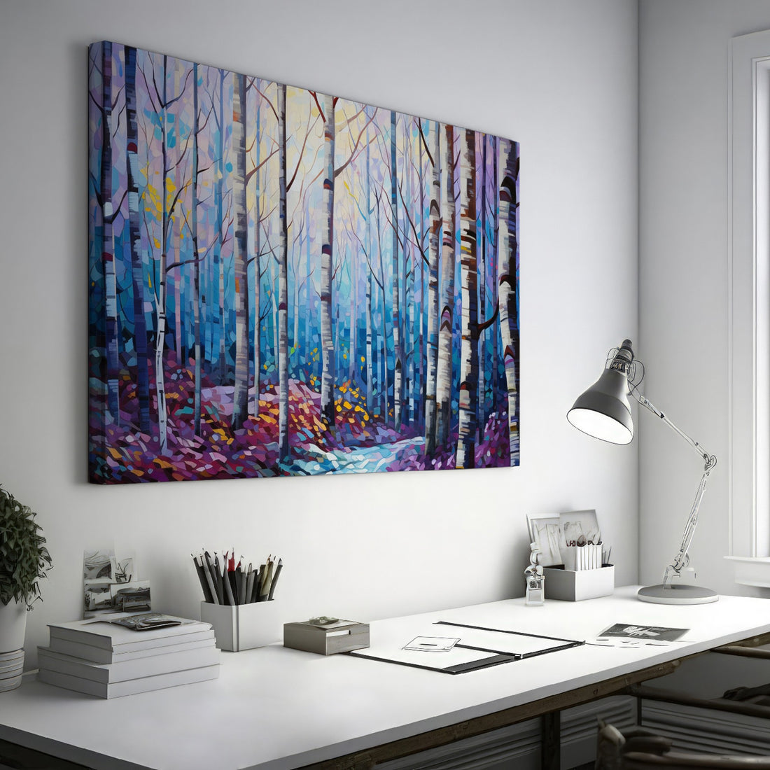 Framed canvas print of a stylised geometric birch forest in vibrant blue, purple, and yellow tones