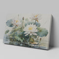 Framed canvas print of tranquil lotus flowers and water lilies on a serene pond