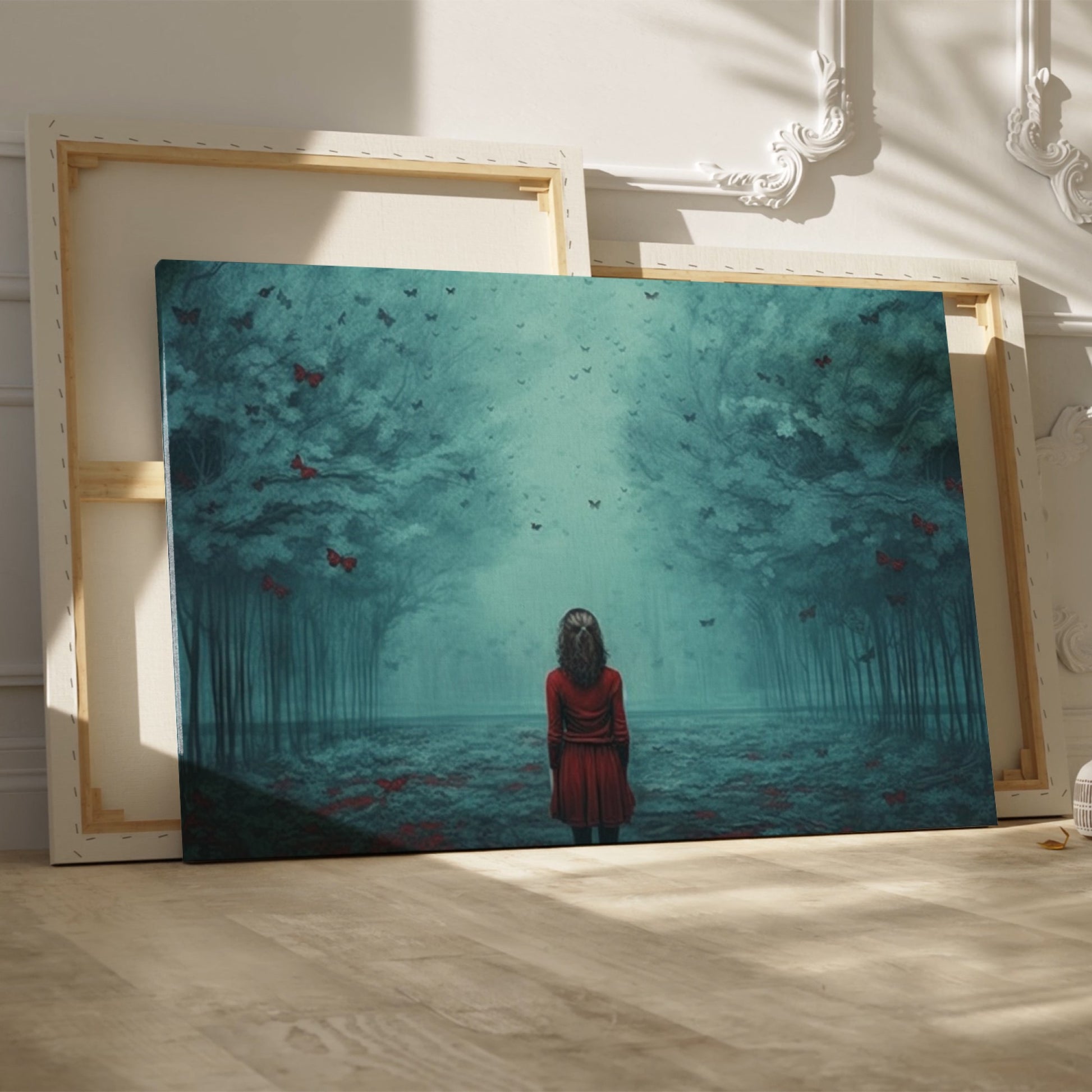 Framed canvas print of a girl in red standing in a mystical blue forest with butterflies