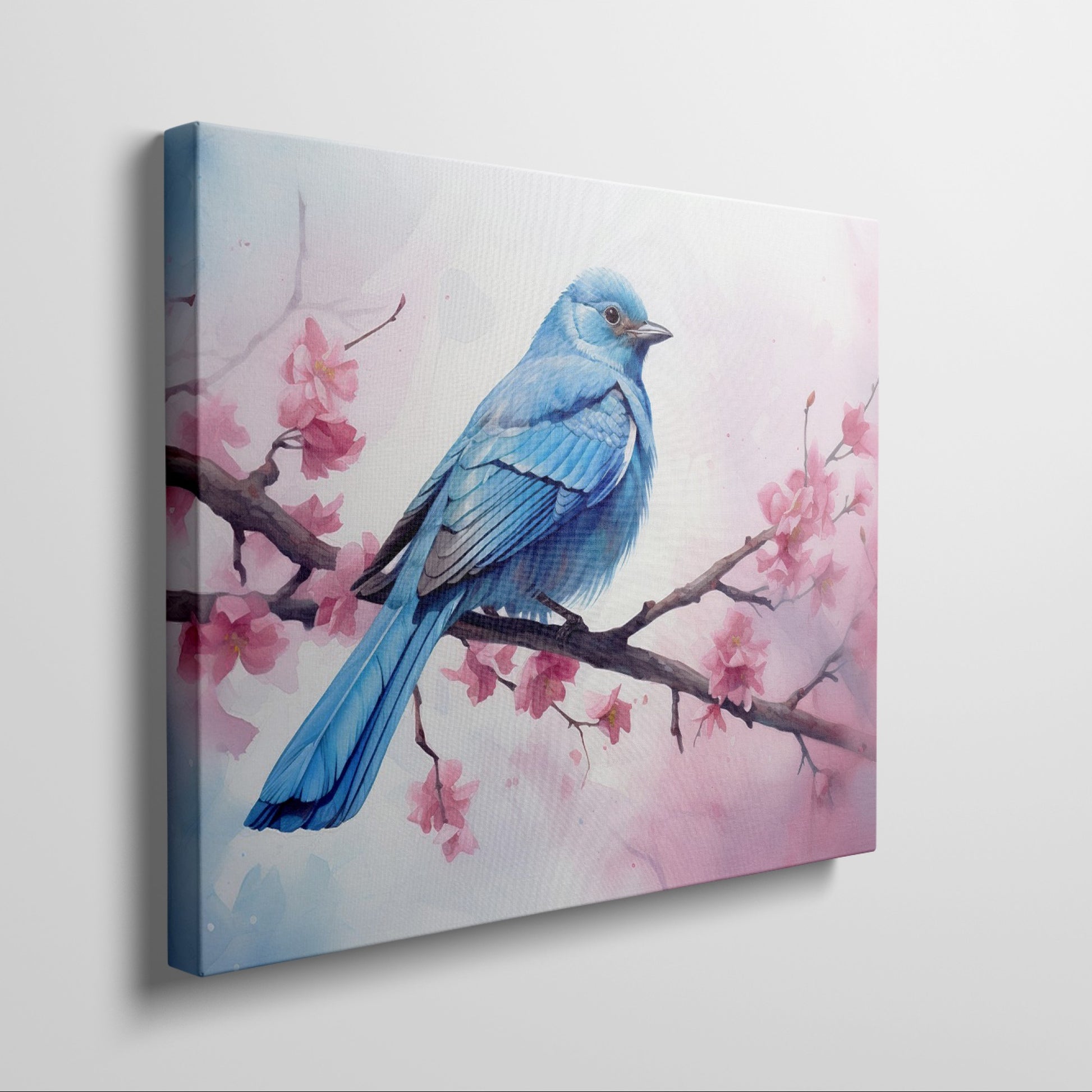 Framed canvas print of a bluebird and cherry blossoms in pastel watercolour