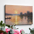 Framed canvas print of an impressionist sunset river scene with canoes and a warm glow