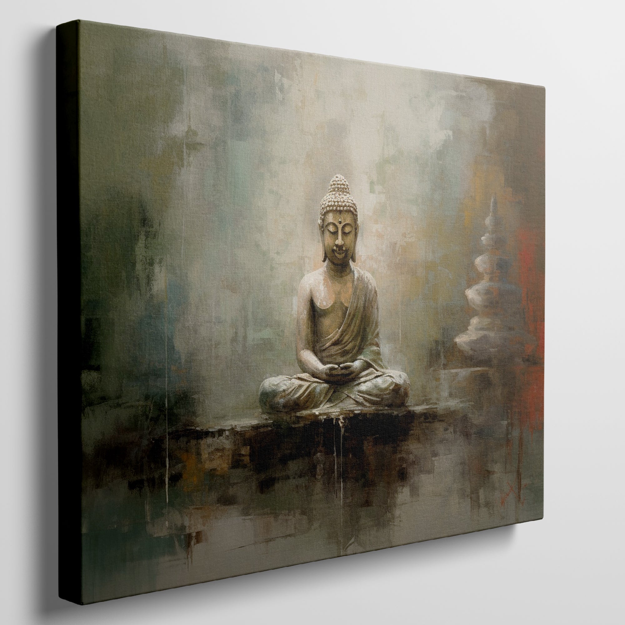 Framed canvas print of a serene Buddha with a gentle colour palette and textured finish