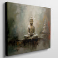 Framed canvas print of a serene Buddha with a gentle colour palette and textured finish