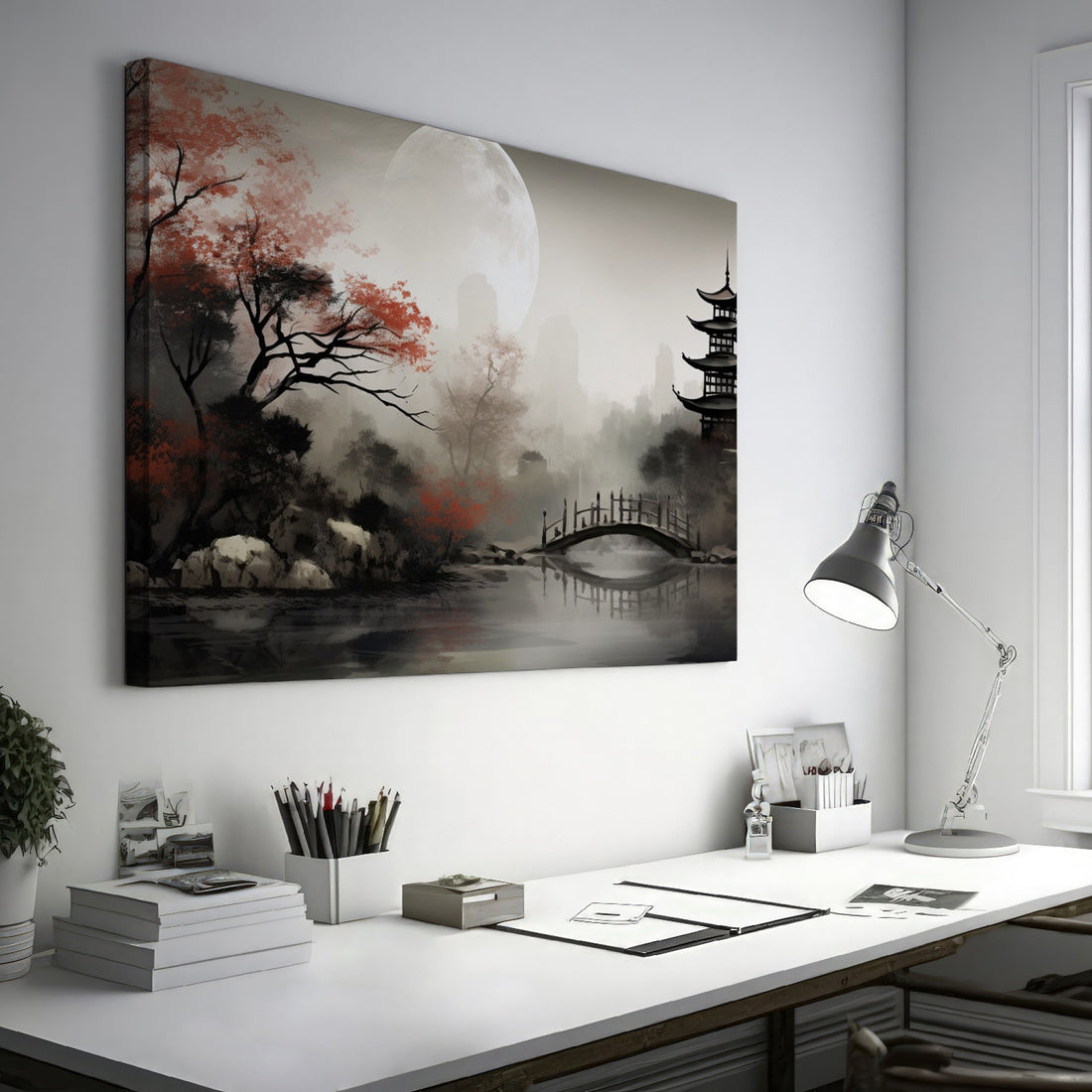 Framed canvas print of a serene Oriental landscape with a moonlit pagoda, red autumn leaves and a tranquil lake