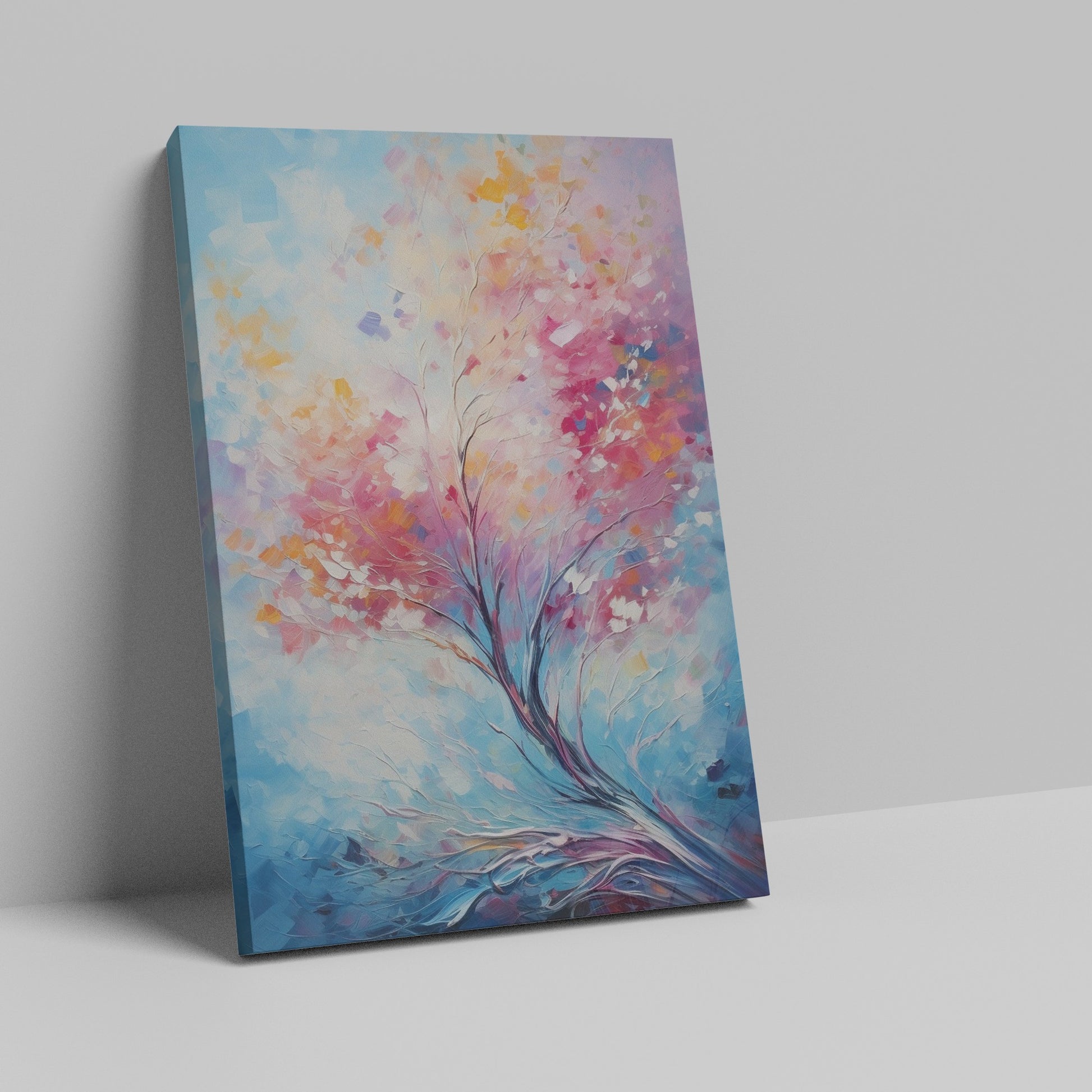 Framed canvas print of an abstract impressionist tree with vibrant pink, orange, and blue colours