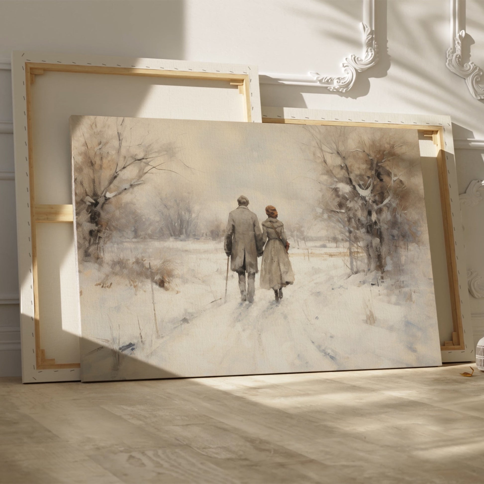 Framed canvas print of a couple walking hand-in-hand through a tranquil snowy landscape with warm earthy tones and soft whites.