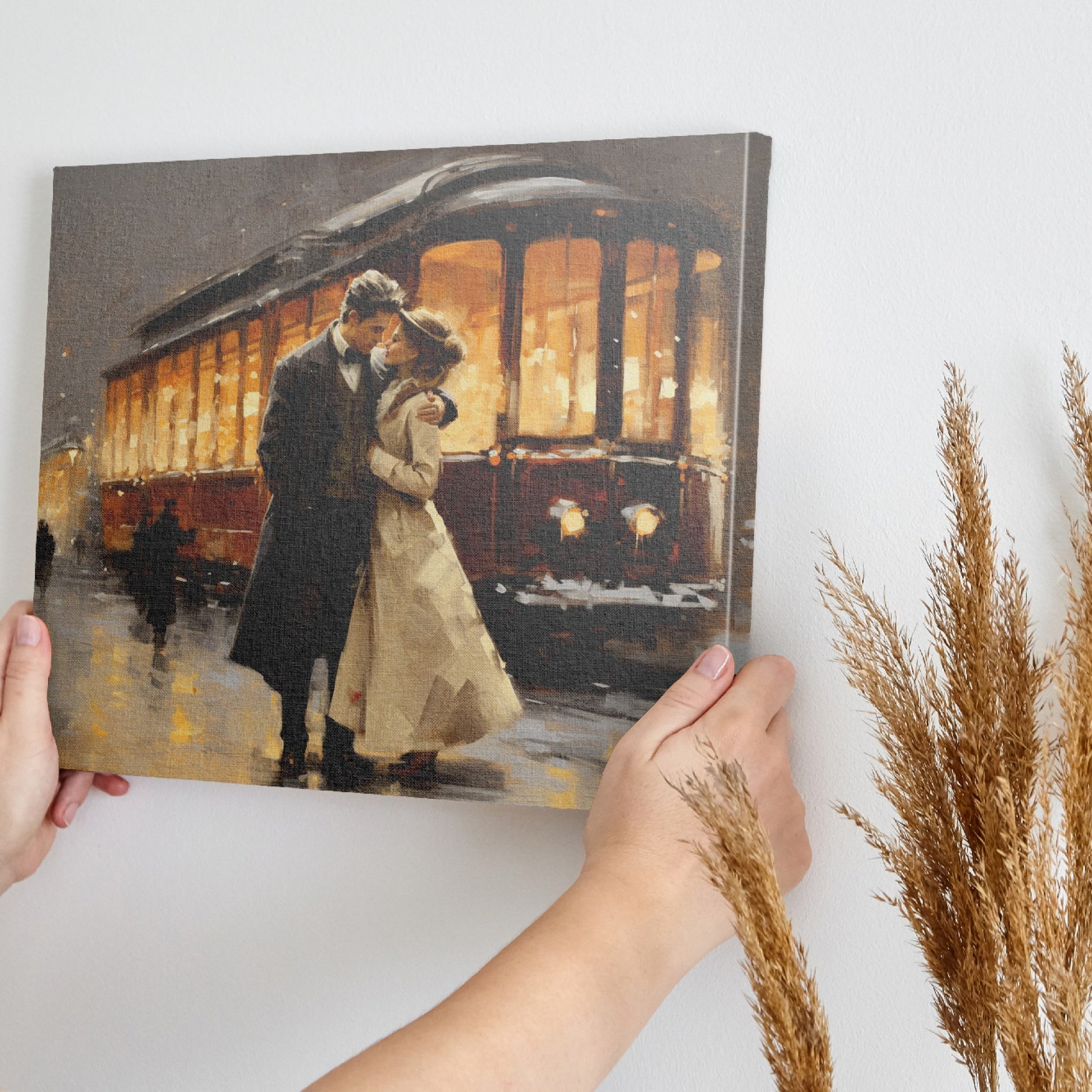 Framed canvas print of a romantic couple embracing on a snowy evening by a vintage streetcar