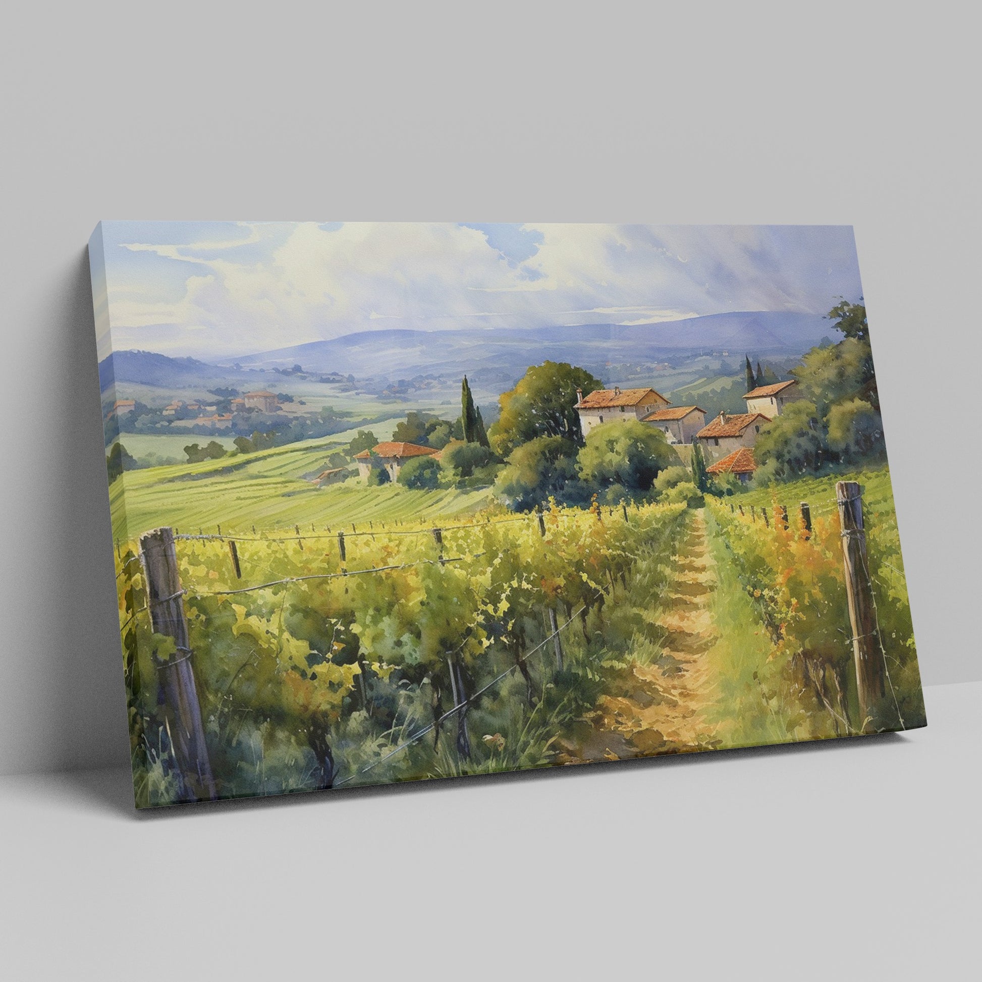 Framed canvas print of Tuscan vineyard and countryside landscape with vibrant colours and rustic farmhouses