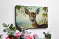 Framed canvas print of a realistic deer in a serene countryside setting with earthy tones