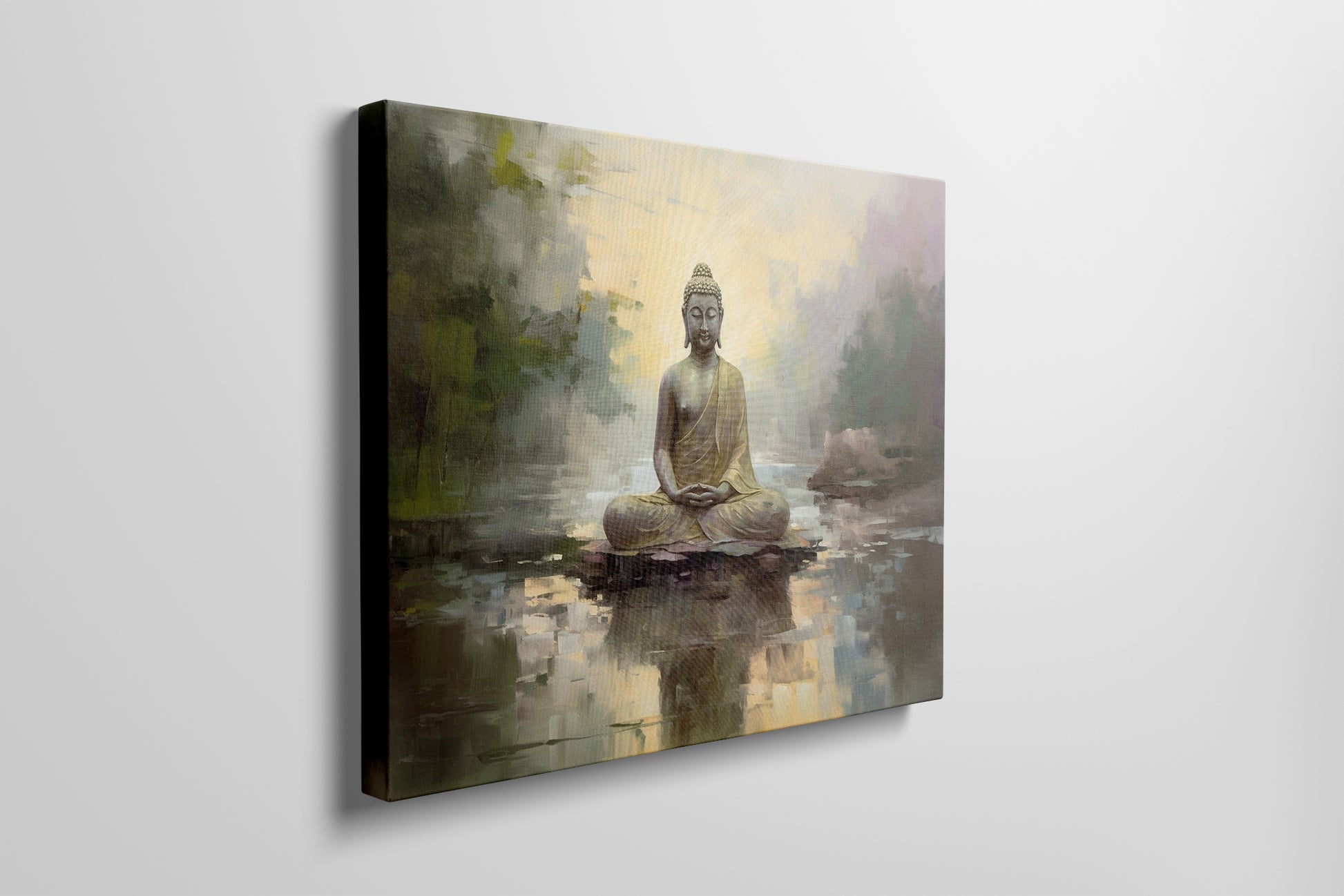 Framed canvas print of a serene golden Buddha seated by water with impressionistic background