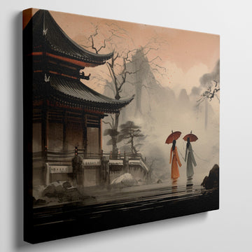 Framed canvas print of serene oriental pagoda scene with misty mountains and figures with umbrellas