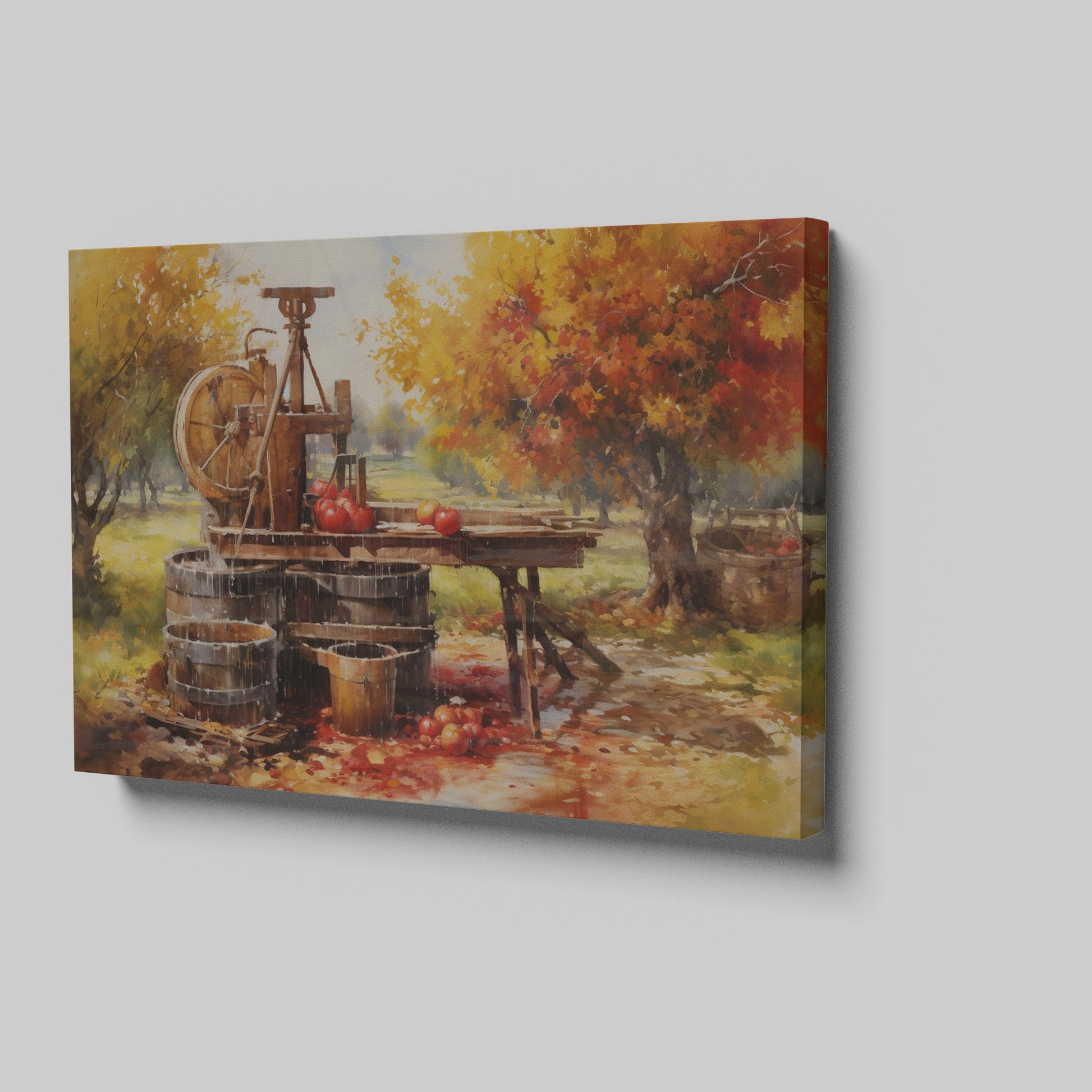 Framed canvas print of an autumn cider press scene with vibrant foliage and vintage farm elements