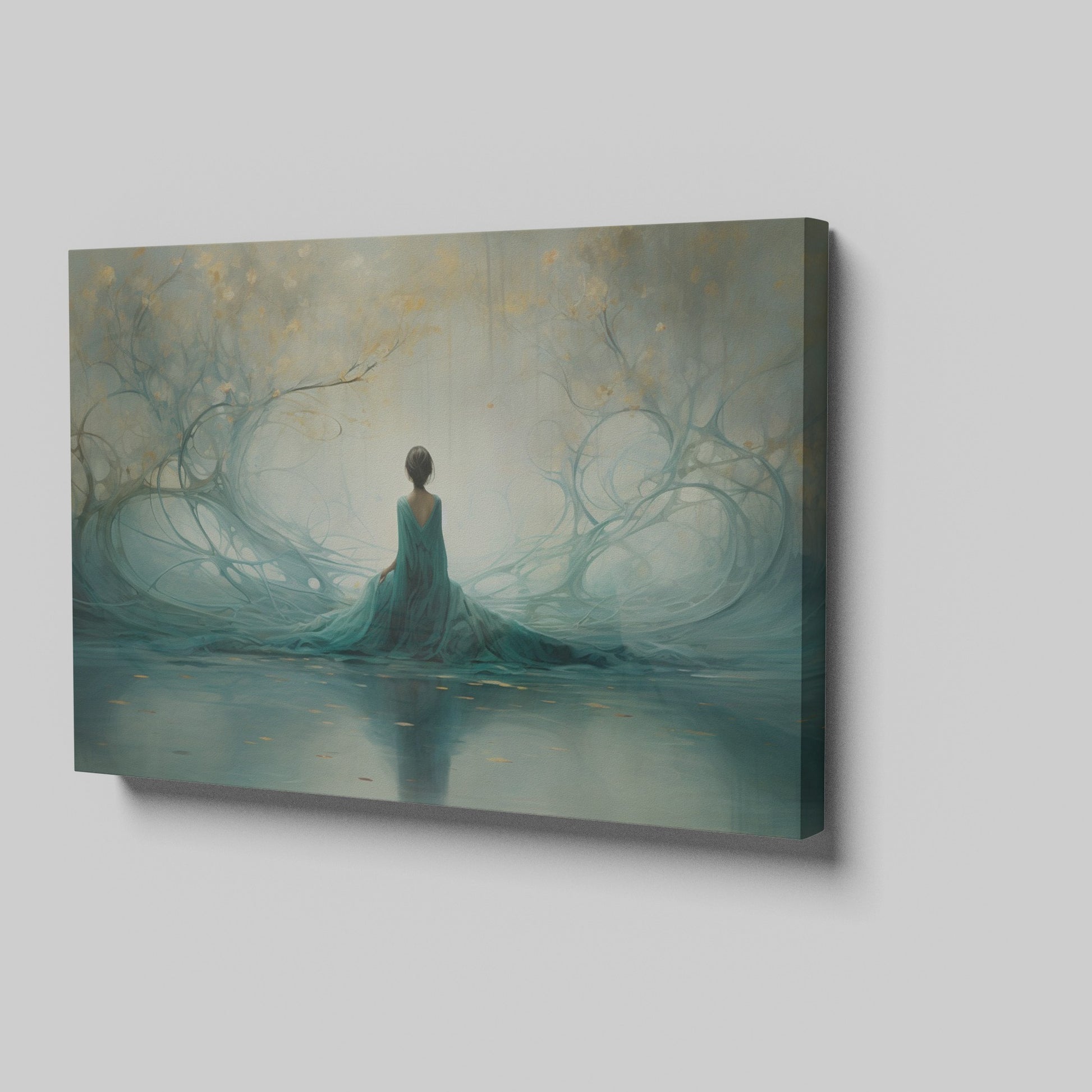 Framed canvas print of an ethereal woman amid a teal and gold enchanted forest