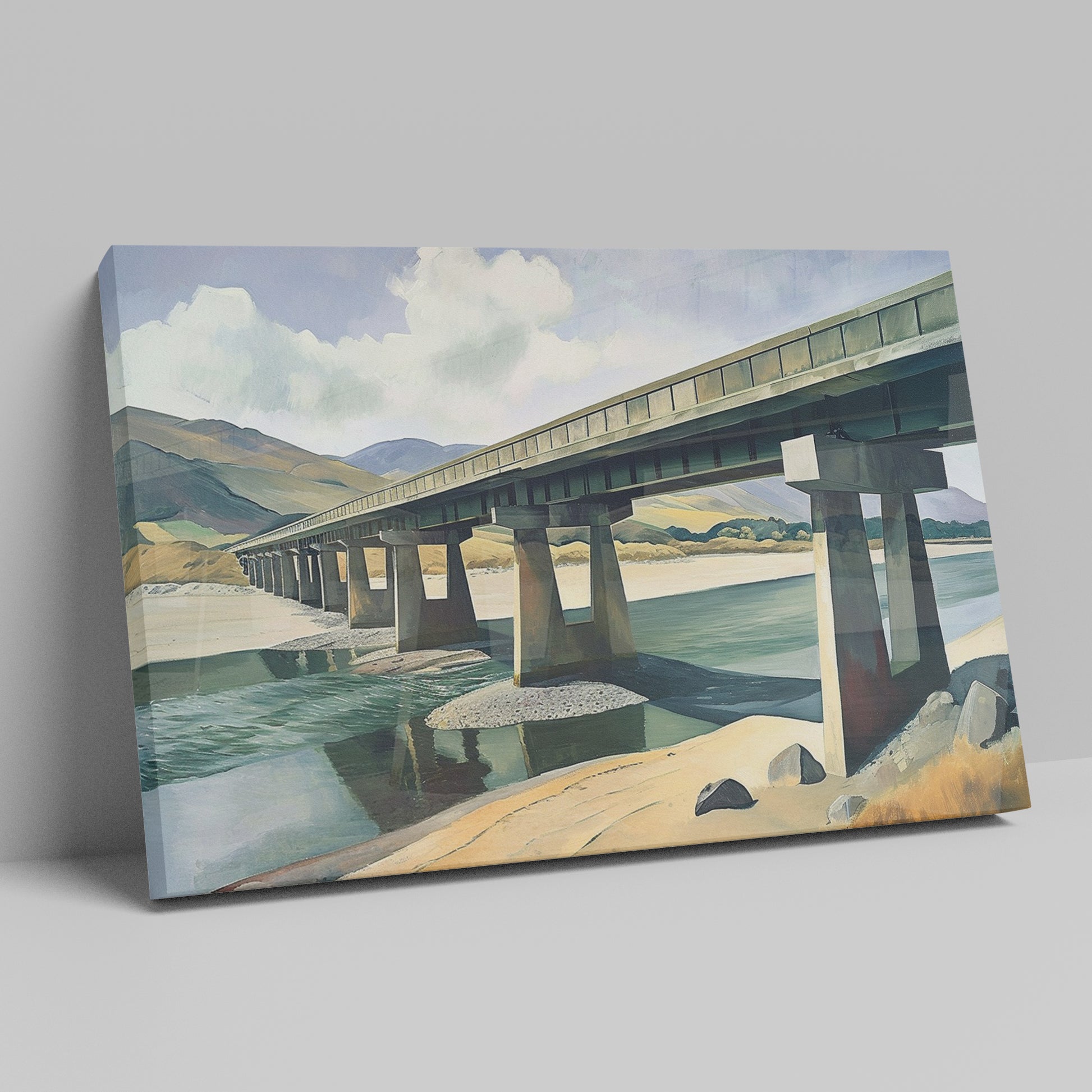 Framed canvas print of a serene countryside bridge over a river with mountain backdrop