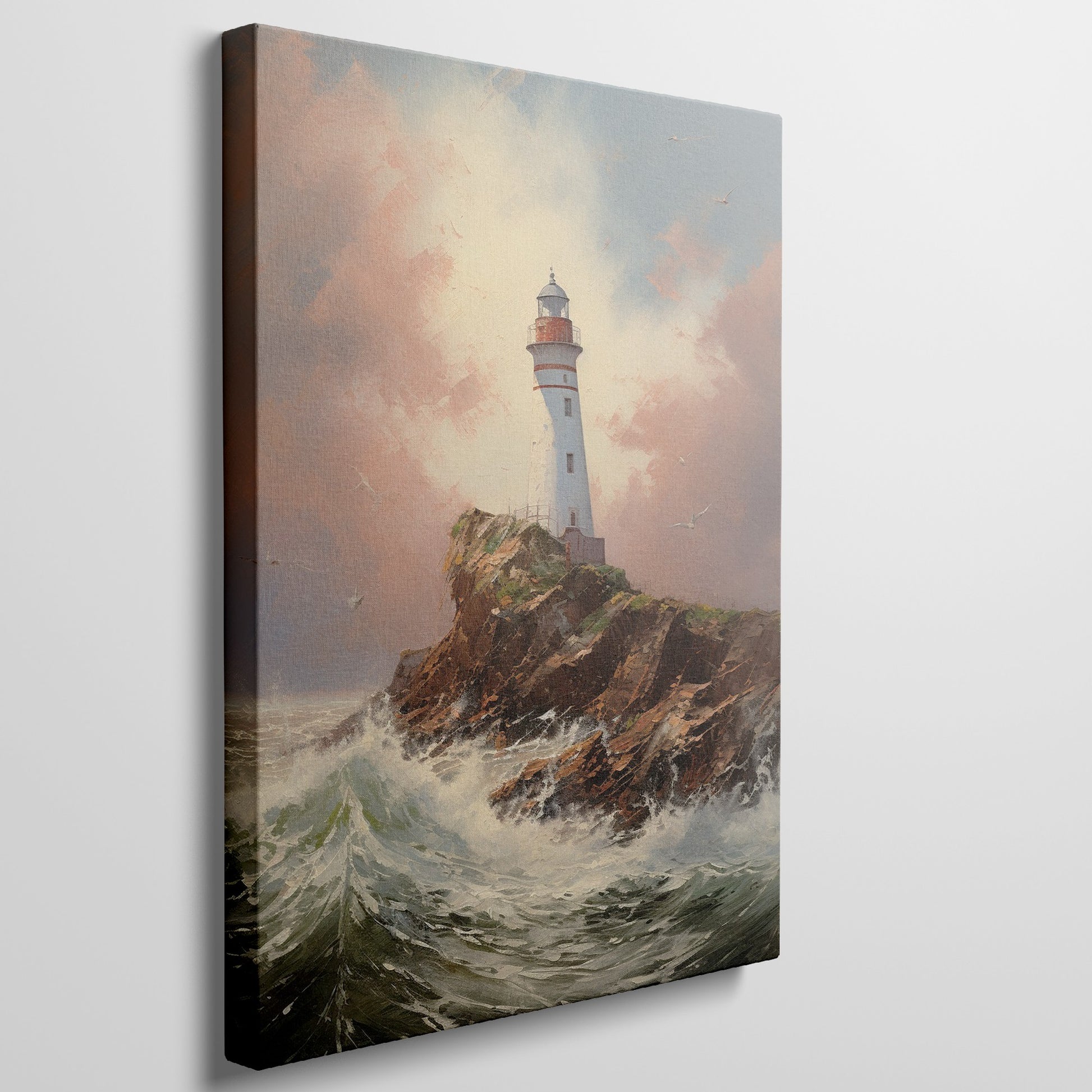 Framed canvas print of a clifftop lighthouse overlooking turbulent sea waves, under a light-infused sunset sky