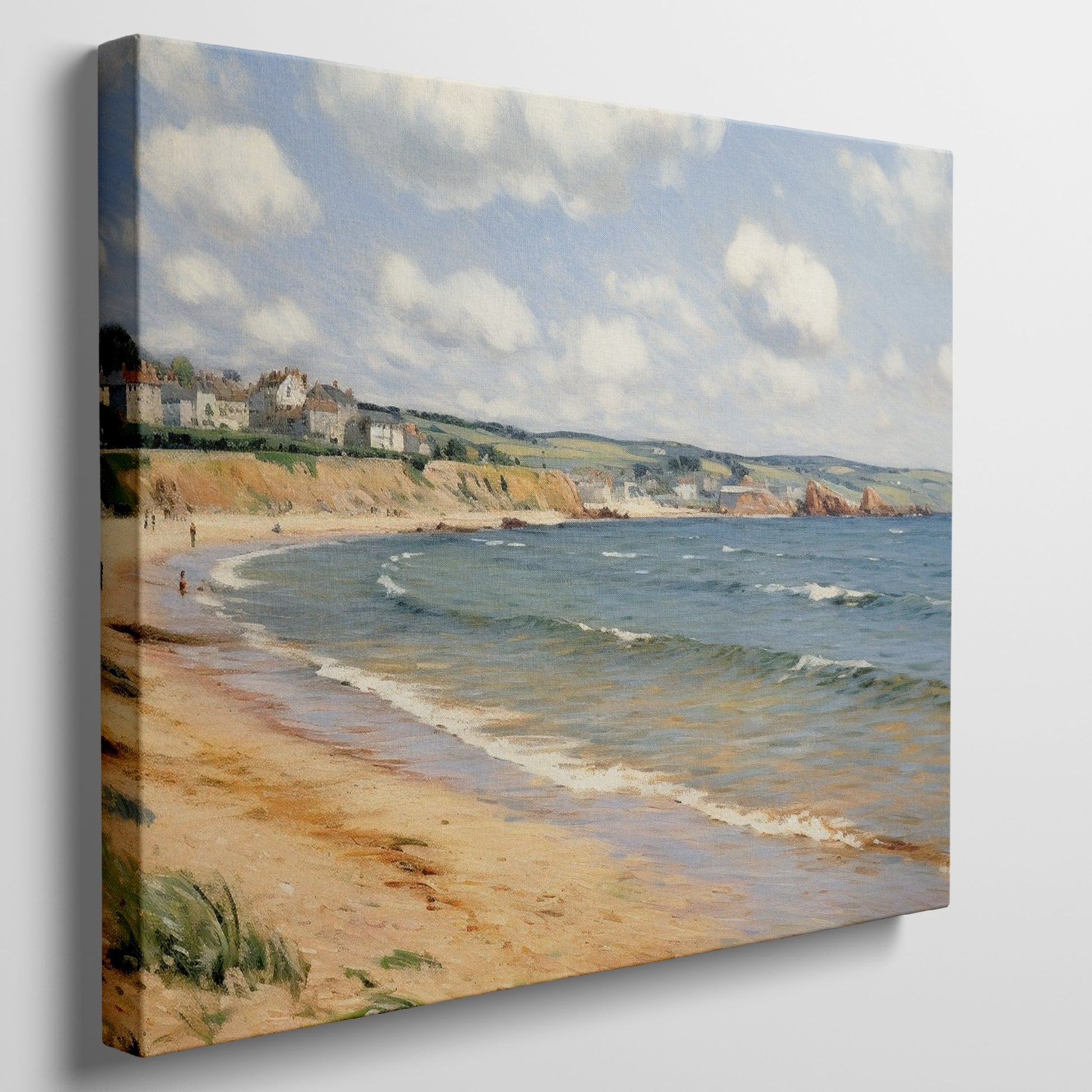 Framed canvas print of Impressionist seascape featuring a sunlit British coastline with blue waters and sandy beach