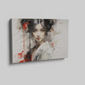 Framed canvas print of ethereal geisha in modern ink style with red accents