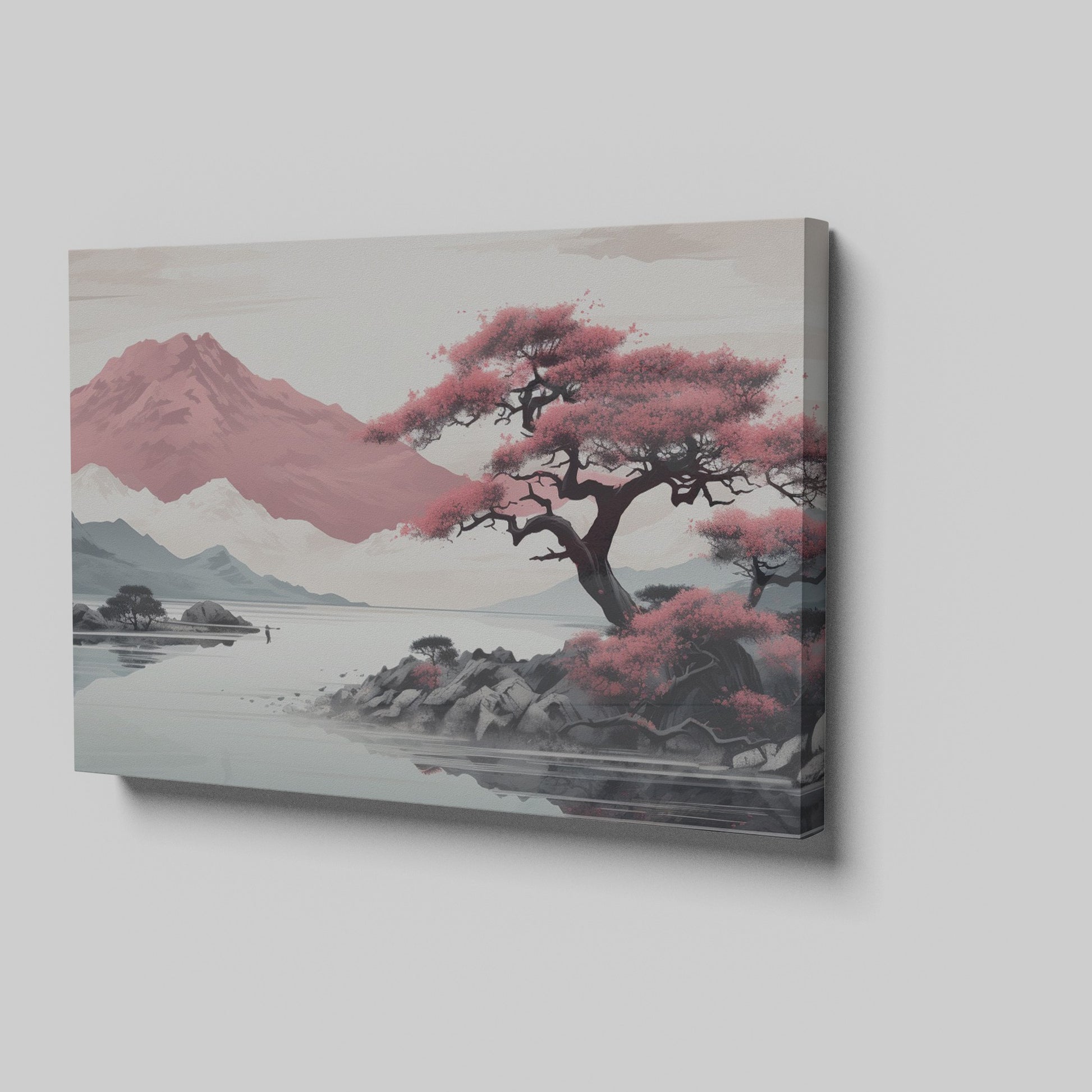 Framed canvas print of a serene mountain landscape with blooming pink sakura trees and tranquil lake