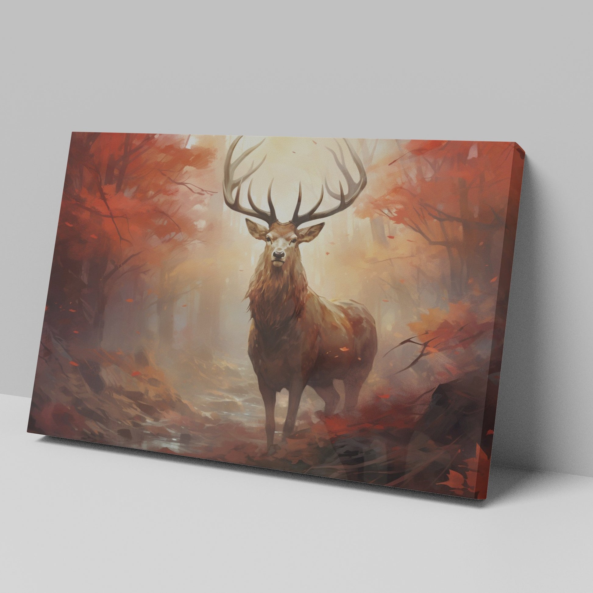 Framed canvas print of a majestic stag in an autumnal forest with red leaves