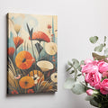 Framed canvas print of stylized poppies with a modern geometric cityscape background