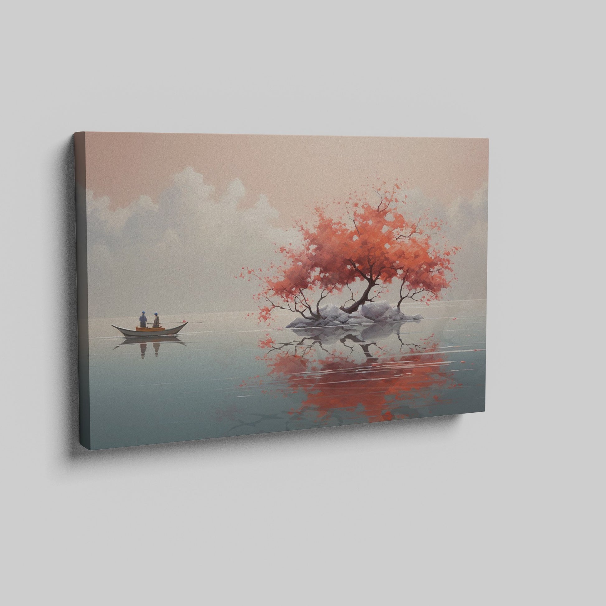 Framed canvas print of a tranquil lake with cherry blossoms and boat